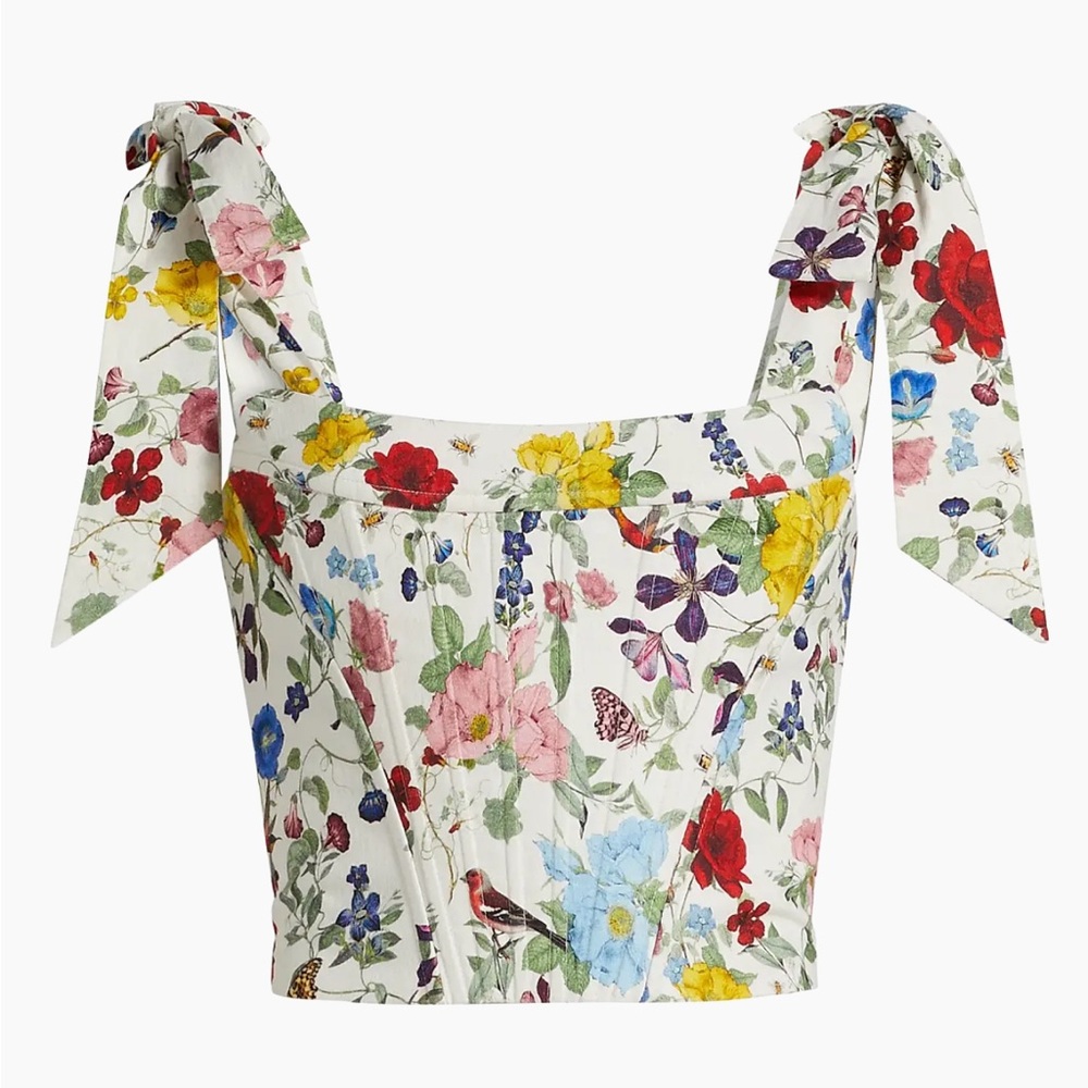 Alice + Olivia White Floral Tie-Shoulder Crop Tank